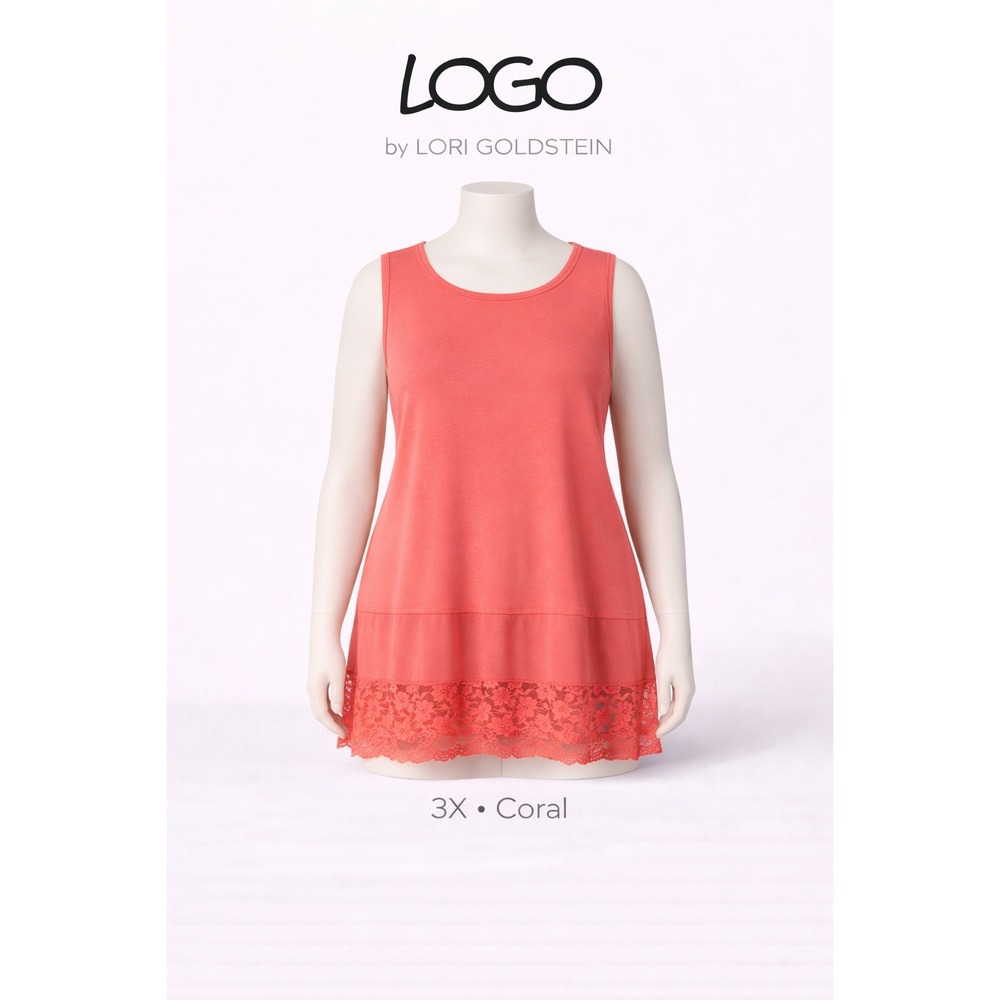 LOGO Lori Goldstein Women 3X Coral‎ Knit Tank Satin Lace Trim Lagenlook A274073